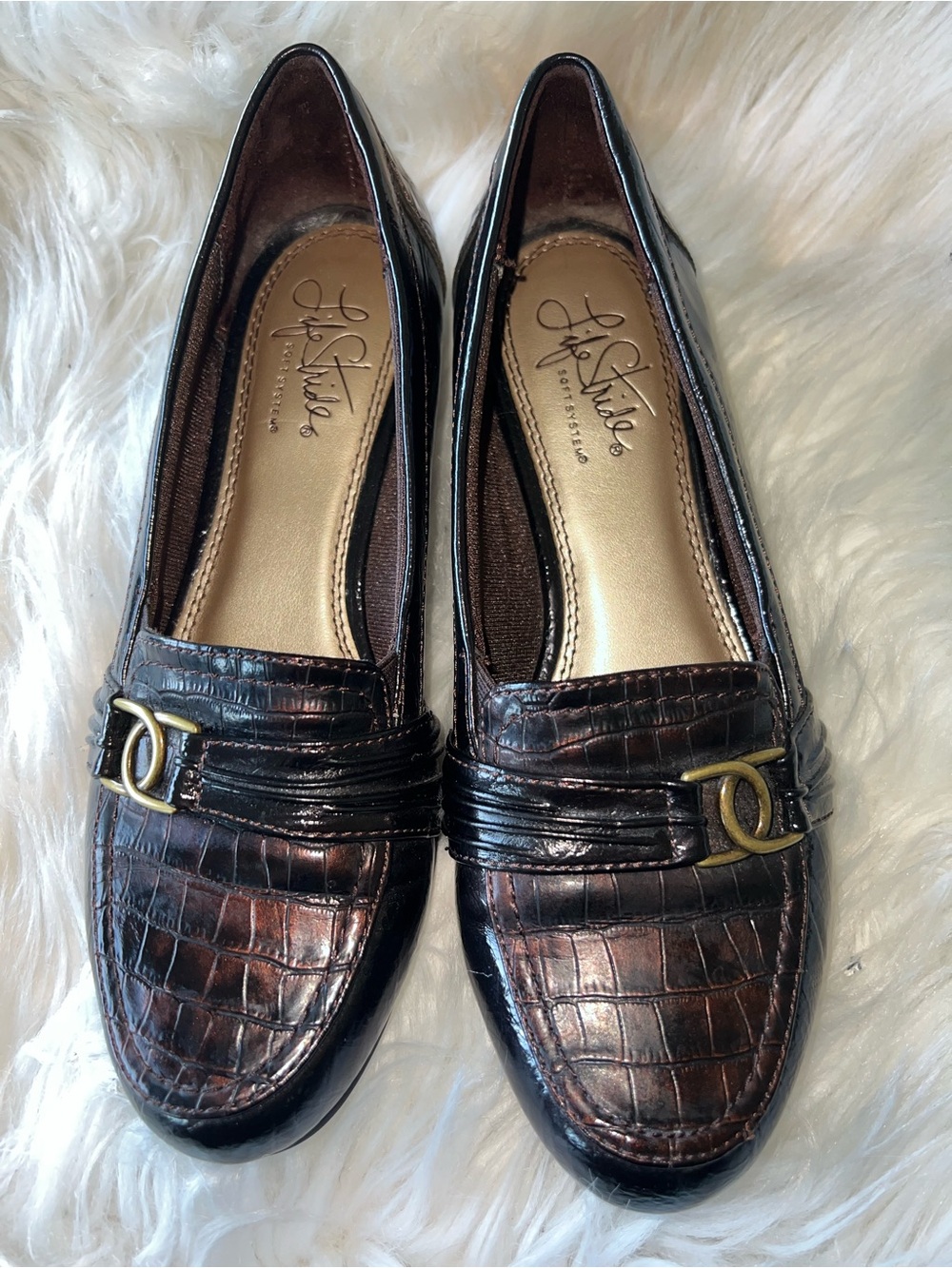 Life Stride Dark Brown Croc-Embossed Slip-On Loafers with Gold Buckle